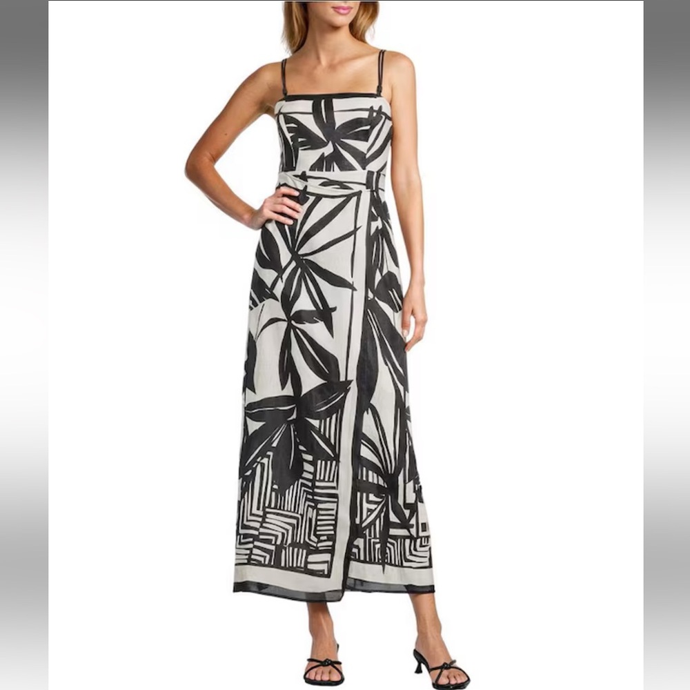 NWT Antonio Melani Destiny Palm Printed Linen Square Neck Sleeveless Maxi Dress